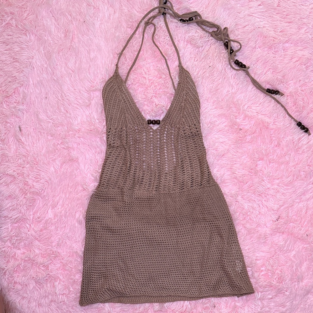 Brown Crochet Halter Backless Dress